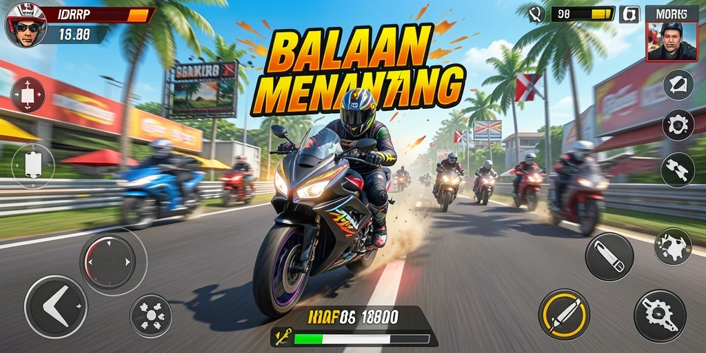 Tampilan gameplay motor racing yang seru dan mendebarkan.