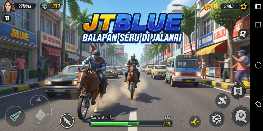 Screenshot JTBLUE menampilkan aksi balapan mendebarkan di jalanan.