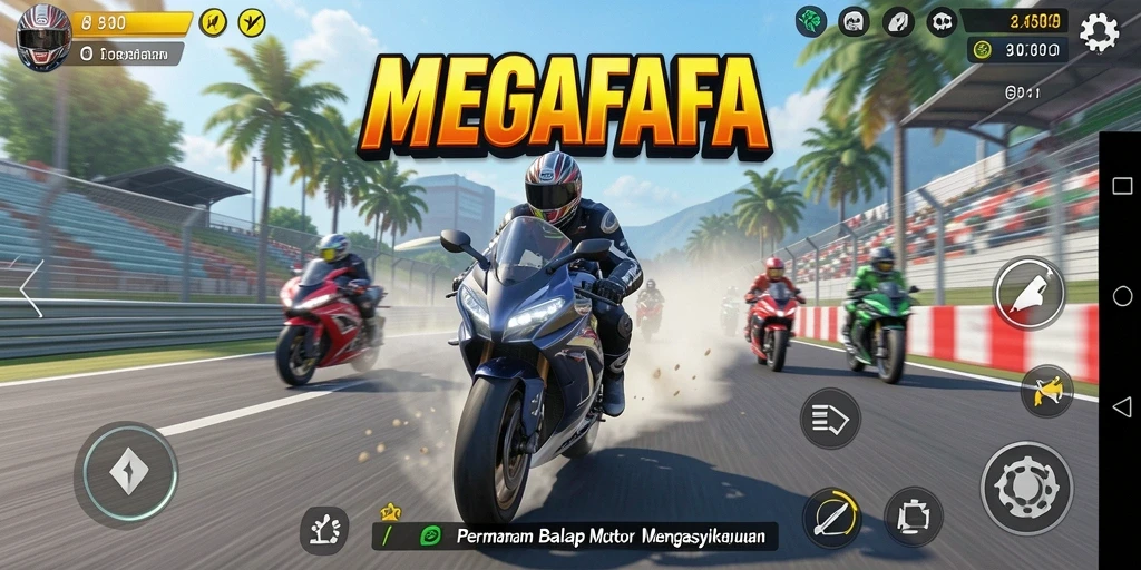 Screenshot MEGAFAFA menampilkan aksi balap motor yang mendebarkan.