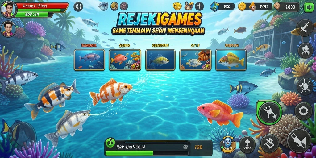 Screenshot gameplay <strong>REJEKIGAMES</strong> menunjukkan aksi menembak ikan yang seru.