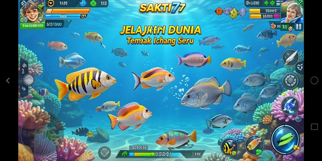 Tampilan gameplay SAKTI77 dengan banyak ikan berwarna-warni.