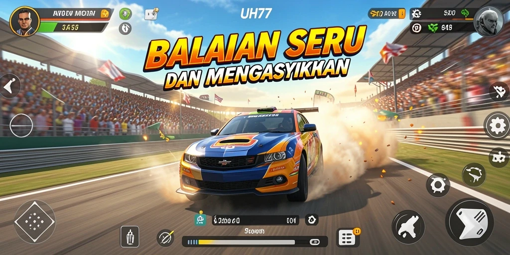 Screenshot UH77 menunjukkan aksi balapan yang spektakuler.